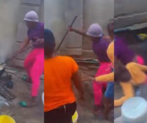 Shocking moment ladies fall into soakaway while cooking