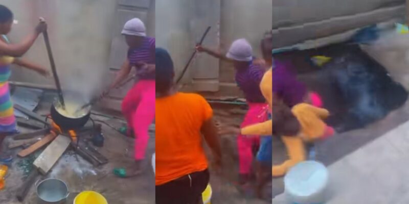 Shocking moment ladies fall into soakaway while cooking