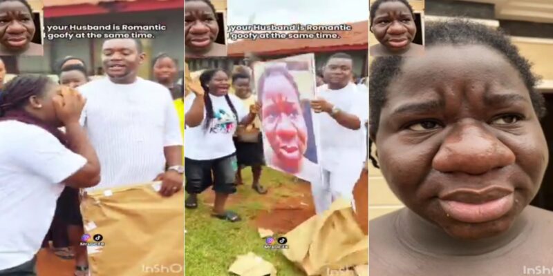 Romantic moment man gifts wife enlarged photo of her face during pregnancy