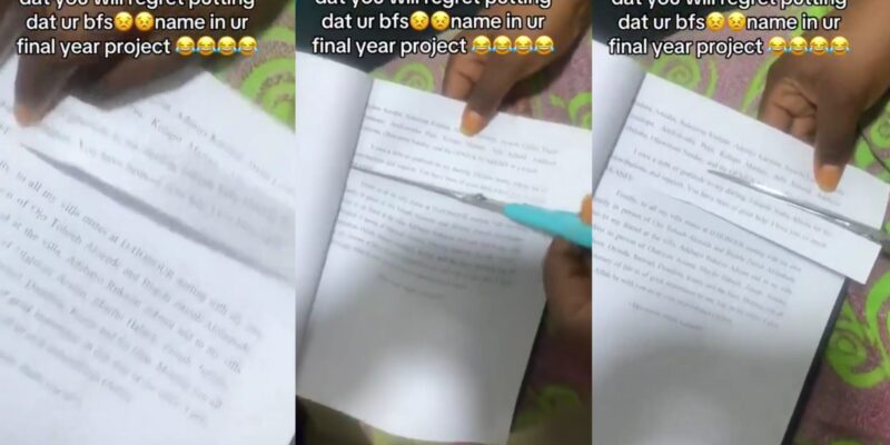 Lady tears out boyfriend’s name from final year project after breakup