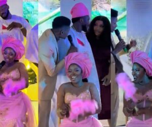 Moment a woman rushed to claim her man when an aso-ebi girl asked him for money at a wedding.(WATCH)
