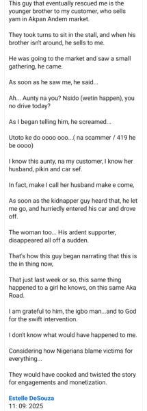 Married woman narrates how she was almost kidnapped in Akwa Ibom and the tactic the kidnapper used that made passersby ignore her cry for help