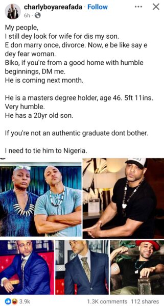 Charlie Boy seeks help in finding a wife for his son, 46, who is divorced and apparently fears women