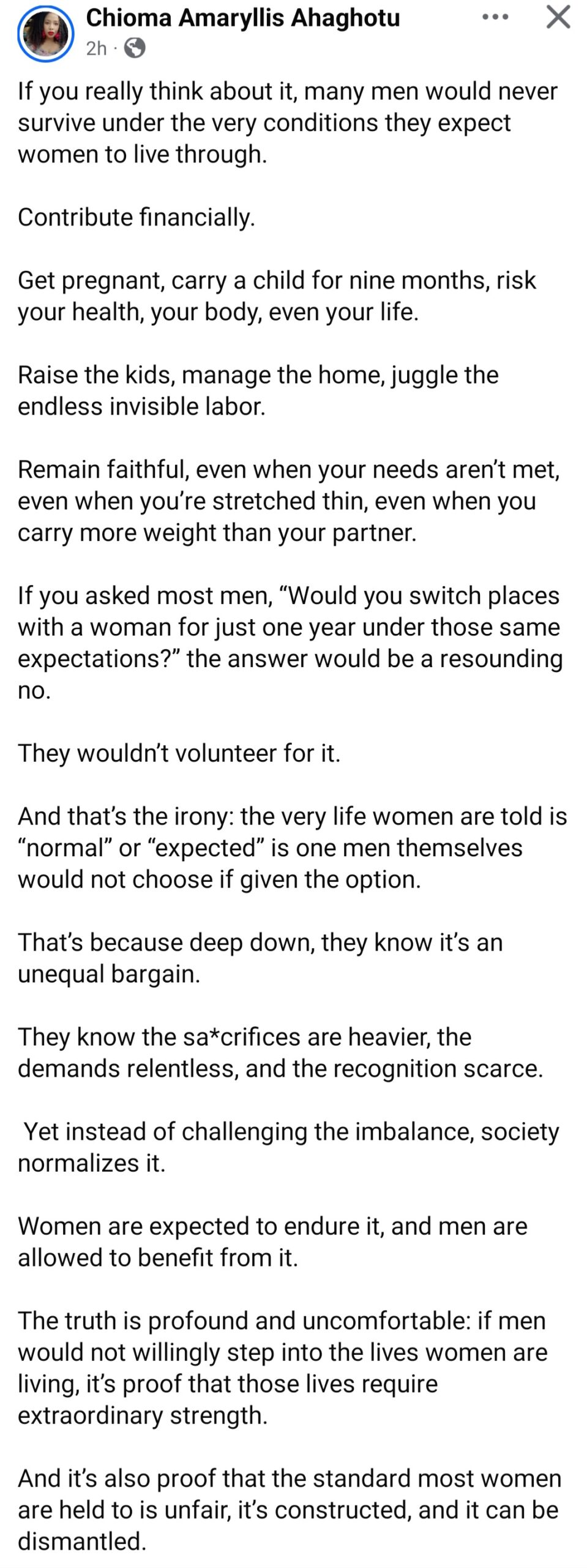 “Many men will never survive under the condition they expect women to live through” Media personality, Chioma Ahaghotu writes