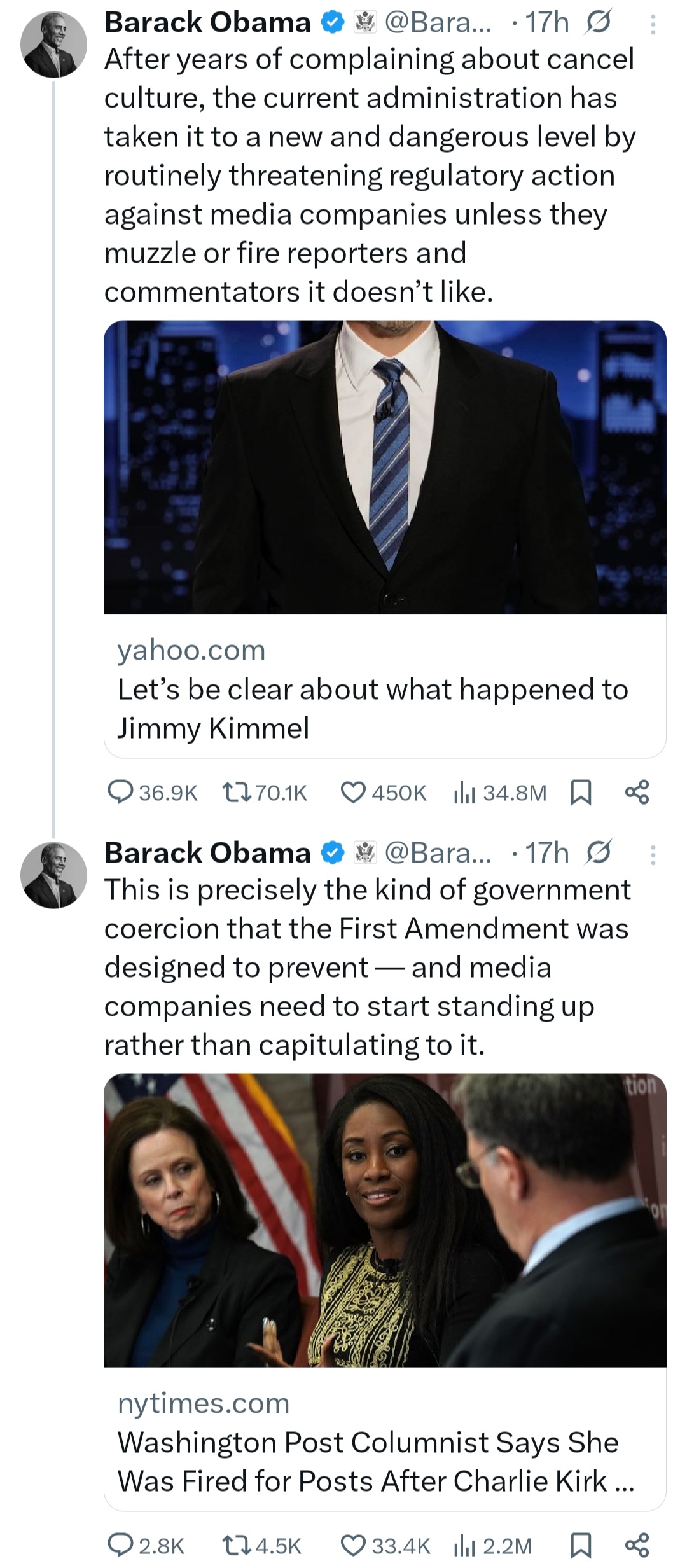 “This administration is using fear as a weapon to silence critics” Kamala Harris, Obama blast Trump administration after TV host Jimmy Kimmel’s suspension