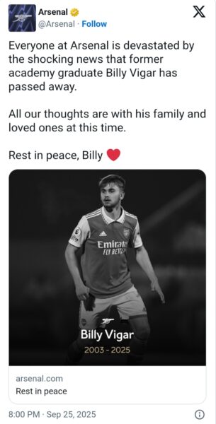 Former Arsenal player, Billy Vigar diÂ£s aged 21 after injury during game