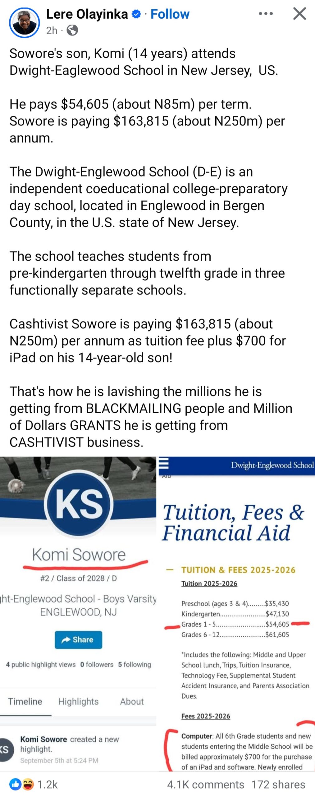 Lere Olayinka calls Sowore a “cashtivist” as he shows how much he allegedly pays for son’s school fees; claims he makes the money by “blackmailing” people