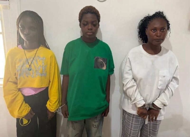 Police parade three ladies for assaulting, stripping their friend