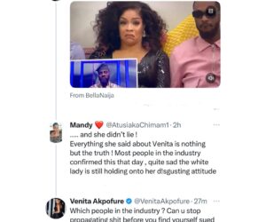 Venita Akpofure responds after an X user said she still suffers nightmare from the lashing out she received from fellow realty star, Doyin