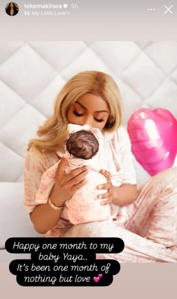 Toke Makinwa shares adorable photo of herself and her daughter, Yakira, as she turns one month old today