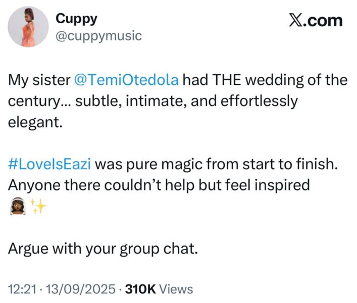 My sister Temi Otedola had the wedding of the century. Argue with your group chat