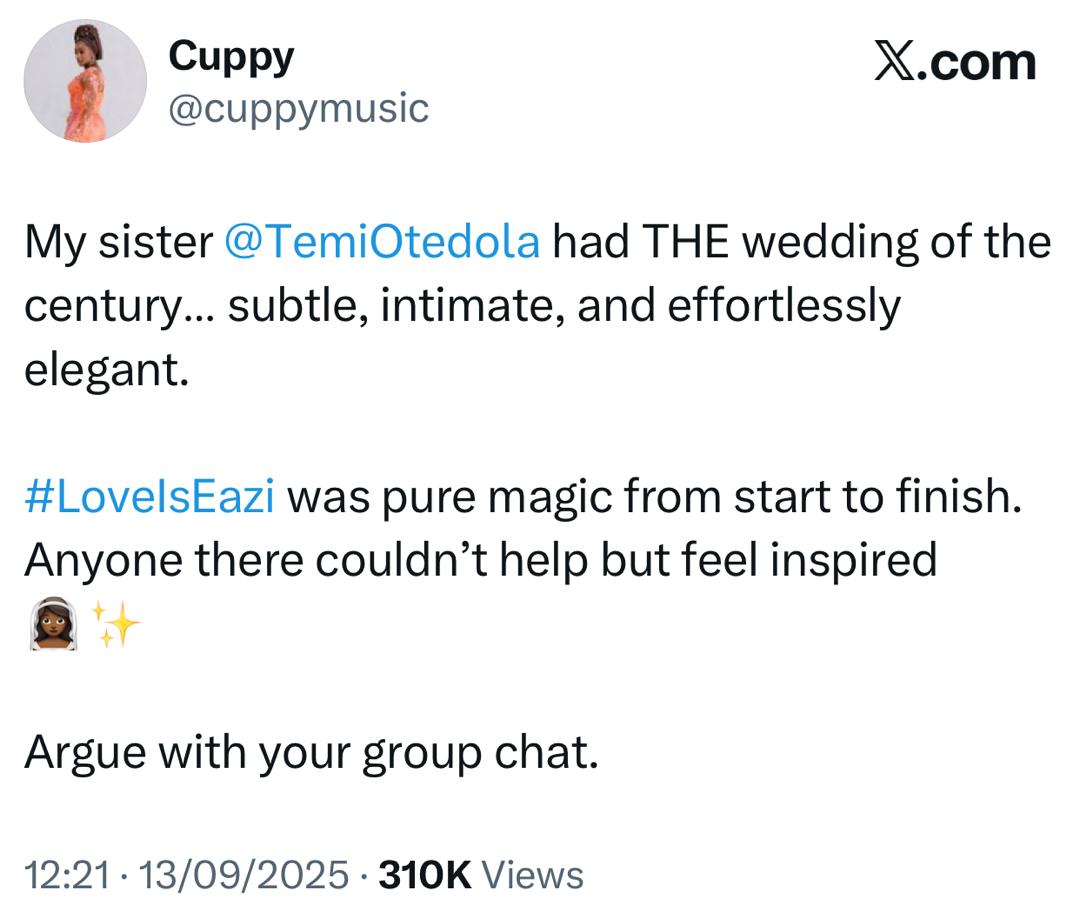 My sister Temi Otedola had the wedding of the century. Argue with your group chat