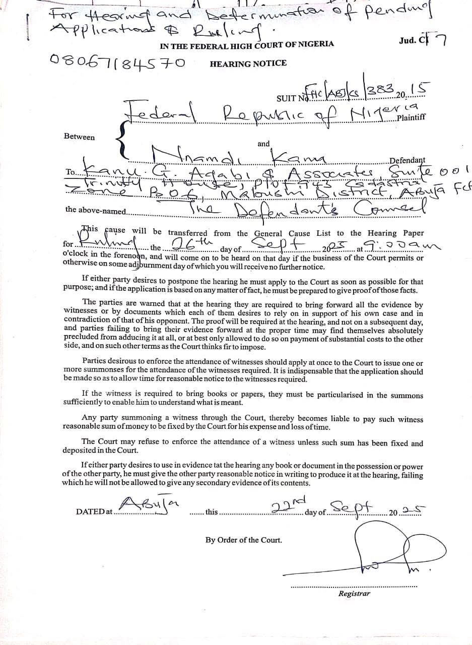 BREAKING: Abuja High Court Brings Forward Nnamdi Kanu’s Hearing To September 26 To Treat Application For Release