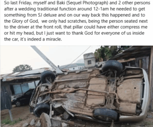 “It’s indeed a miracle” – Nigerian man writes as he and friends survive car crash