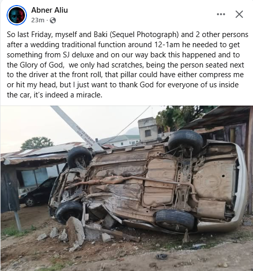 “It’s indeed a miracle” – Nigerian man writes as he and friends survive car crash
