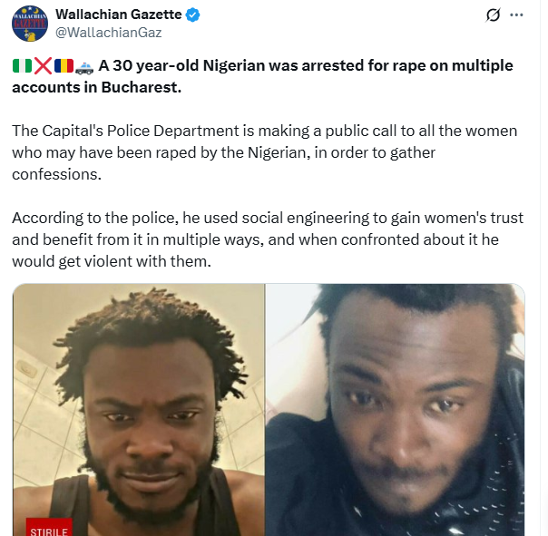 Nigerian man arrested in Romania for alleged r3pe and attempted m8rder of s3x worker