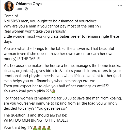 Why are you a man if you cannot pay most of the bills? You ought to be ashamed of yourselves
