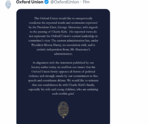 Oxford Union condemns British-Nigerian incoming president’s comments about Charlie Kirk shooting