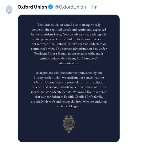 Oxford Union condemns British-Nigerian incoming president’s comments about Charlie Kirk shooting