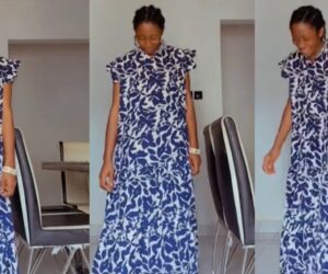 “Remaining to just get pregnant and be wearing the gown” – Lady hilariously flaunts the oversized maxi sundress her mum got her (WATCH)