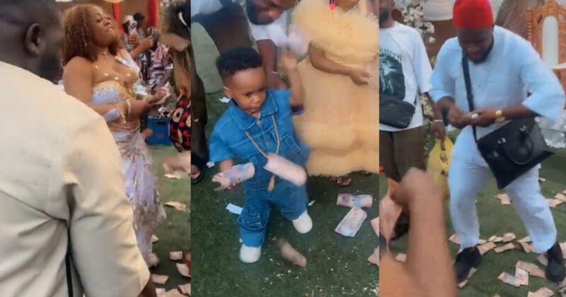 Mum shares playful naira note-spraying challenge between her husband and little son at a wedding ceremony.