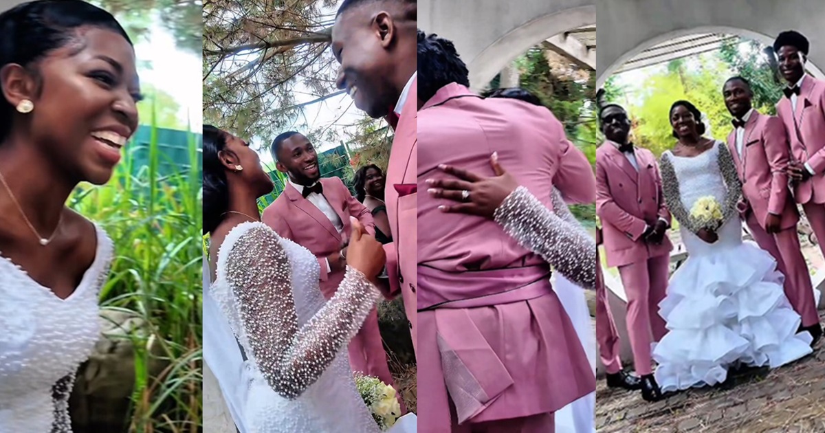“Just a girl and her bonus brothers”- Bride shares heartwarming moment giving a friendly handshake to her husband’s groomsmen at her wedding ceremony.