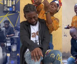 Hilarious moment African mom shaves off her son’s cornrows with scissors and blade after returning home from campus with a stylish haircut.