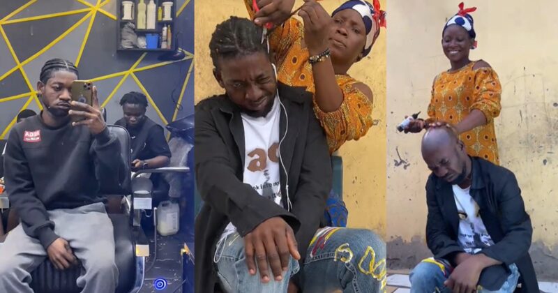 Hilarious moment African mom shaves off her son’s cornrows with scissors and blade after returning home from campus with a stylish haircut.