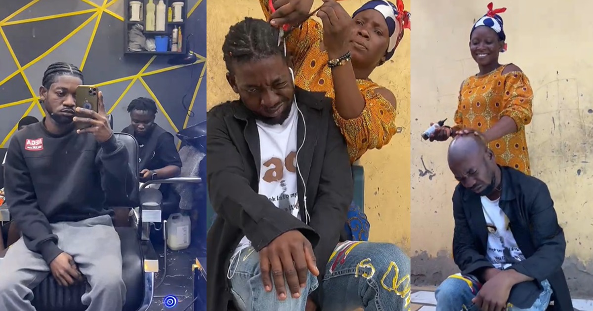 Hilarious moment African mom shaves off her son’s cornrows with scissors and blade after returning home from campus with a stylish haircut.