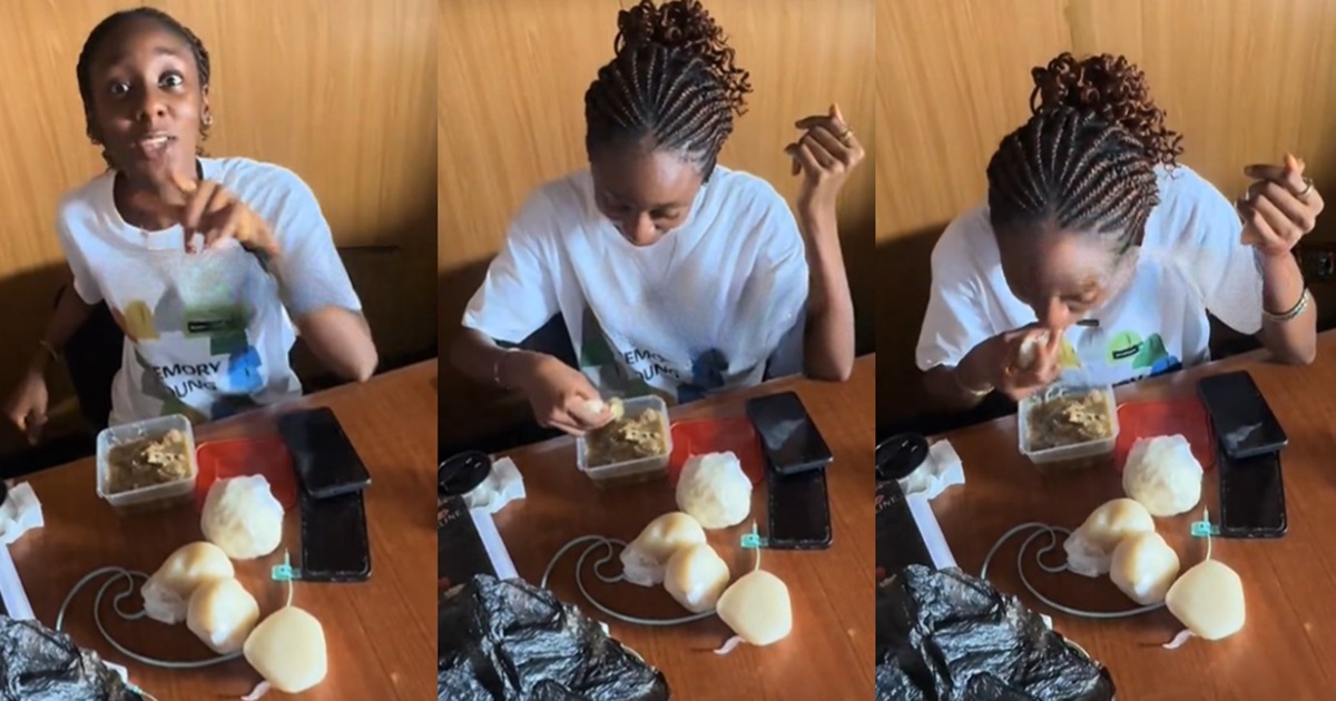 Man Sh0cked by Female Friend’s Ability to Dev0ur Seven Wraps of Fufu in One Sitting (VIDEO)