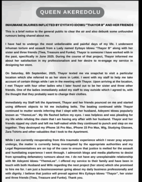Lady calls out socialite, Yhemolee’s wife Thayor B, alleges beating and humiliation in Lekki