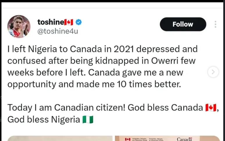 Nigerian man celebrates becoming a Canadian citizen after being kidnapped in 2021 at Owerri.