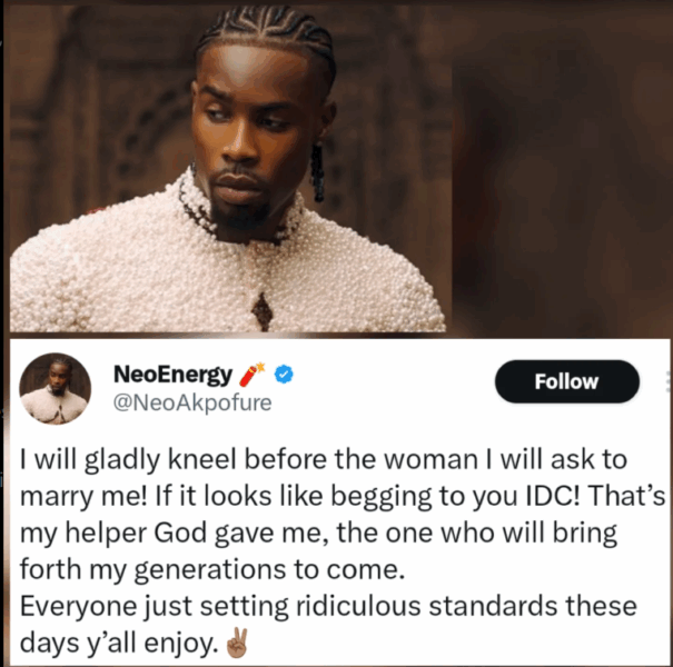 I will gladly kneel to propose” – BBN star Neo Akpofure reacts to men kneeling debate