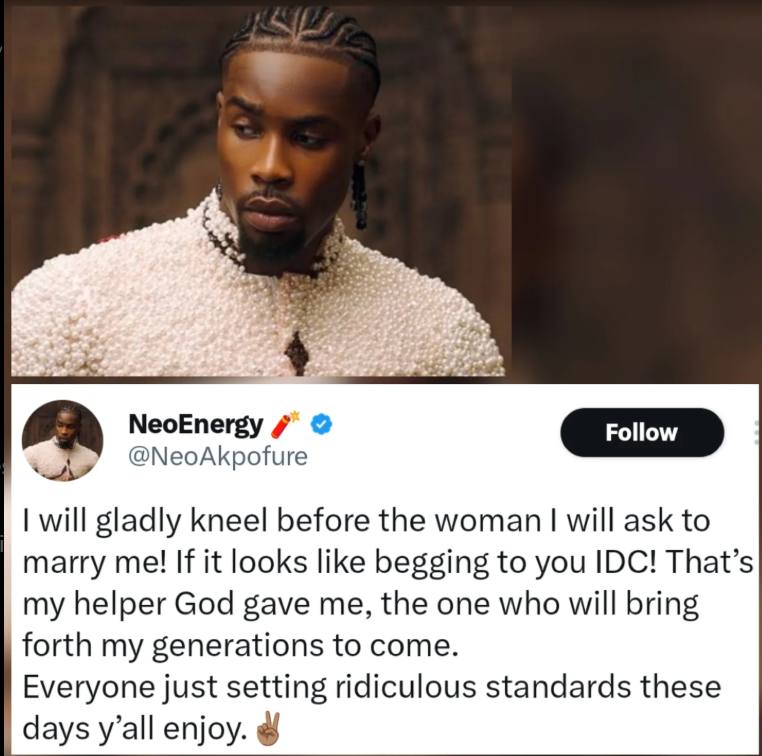 I will gladly kneel to propose” – BBN star Neo Akpofure reacts to men kneeling debate