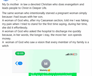 She starved me during pregnancy, said I was faking pain after C-section