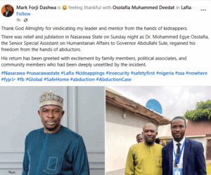 Abducted Nasarawa Governor’s senior aide regains freedom