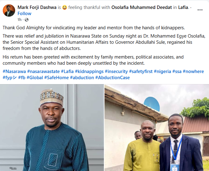 Abducted Nasarawa Governor’s senior aide regains freedom