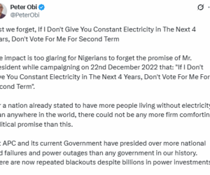 Peter Obi reminds President Tinubu of his promise to not seek a second term if he fails to solve power issues in his first term