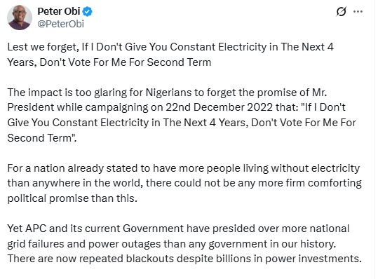 Peter Obi reminds President Tinubu of his promise to not seek a second term if he fails to solve power issues in his first term