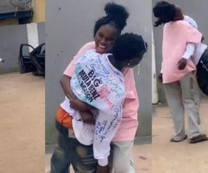 Lady stirs reaction online as she carries her childhood male friend on his sign-out day.