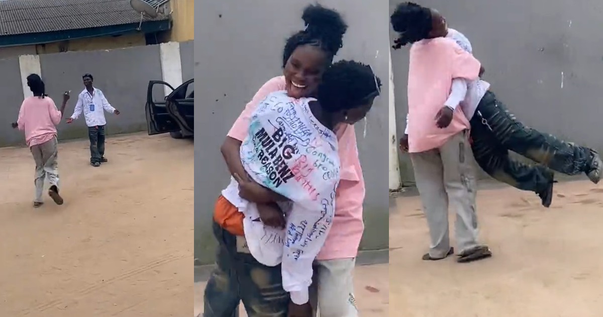 Lady stirs reaction online as she carries her childhood male friend on his sign-out day.