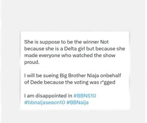 Aide to Delta State Governor, Ossai Ovie Success, accuses BBNaija organisers of rigging after Dede loses