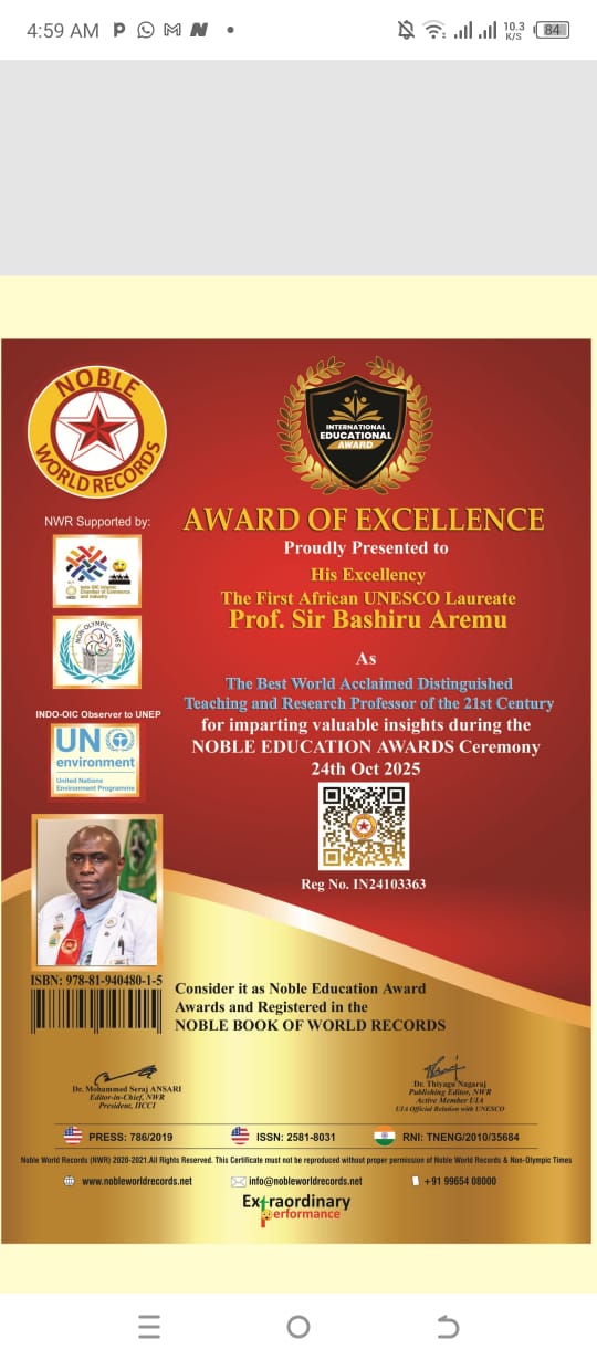 Prof. Sir Bashiru Aremu Makes History As Name Enters “Noble Book of World Records”