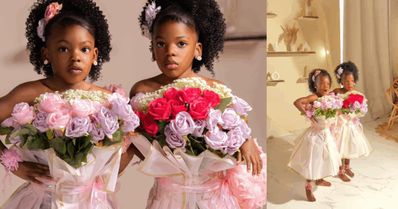 Mom shares creative way she styled her twin girls as flower bouquets for their birthday photoshoot.