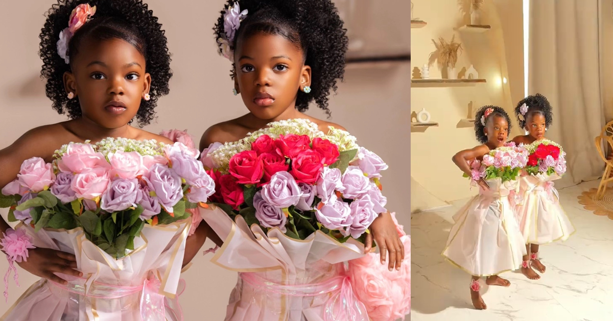 Mom shares creative way she styled her twin girls as flower bouquets for their birthday photoshoot.