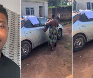 “I don tire” – Man cries out as mother turns his car into a clothesline