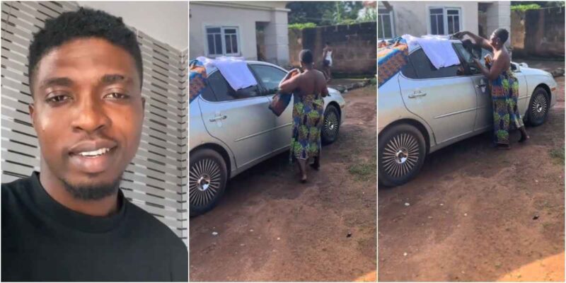“I don tire” – Man cries out as mother turns his car into a clothesline