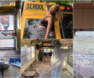 “No more rent” – Lady transforms school bus into fully furnished home