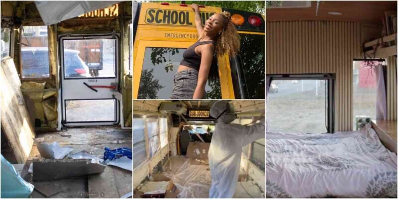 “No more rent” – Lady transforms school bus into fully furnished home