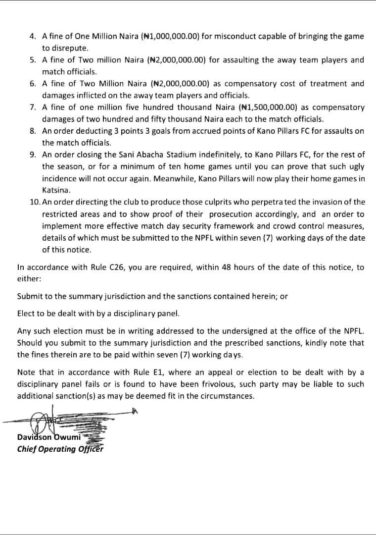 NPFL slaps Kano Pillars with N9.5m fine, pointsÂ deduction for violence againstÂ 3SC,Â officials (videos)